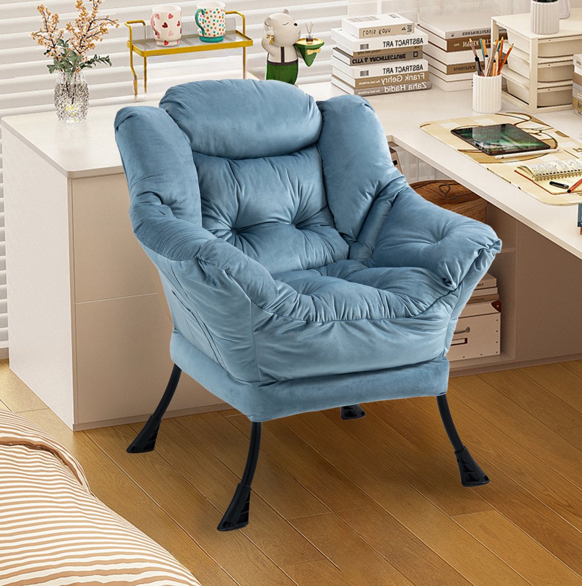 MODENUIT Fauteuil 81 x 80 x 95 cm - Met Hoofdsteun en Zijvak - Voor Woonkamer en Balkon - Fluweel Lichtblauw