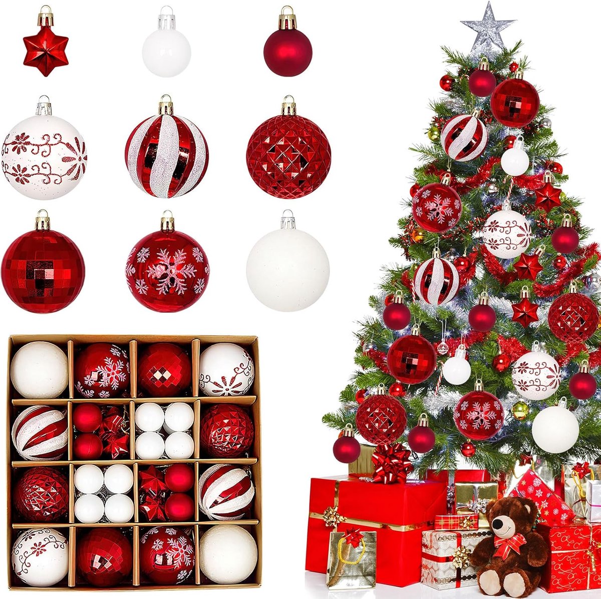 SnelShoppen - 44-delige Kerstbal Set - Plastic Kerstversiering - Witte en Rode Kerstballen - Inclusief Sterren - Binnen en Buiten Gebruik - Perfect vo