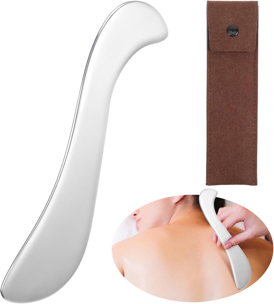 SnelShoppen - Gua Sha Stalen Massage Tool met Opslagtas - Fascia Schraper voor Ontspanning van Rug, Nek, Armen en Benen - 18x4cm - Luxe Bruin Leer