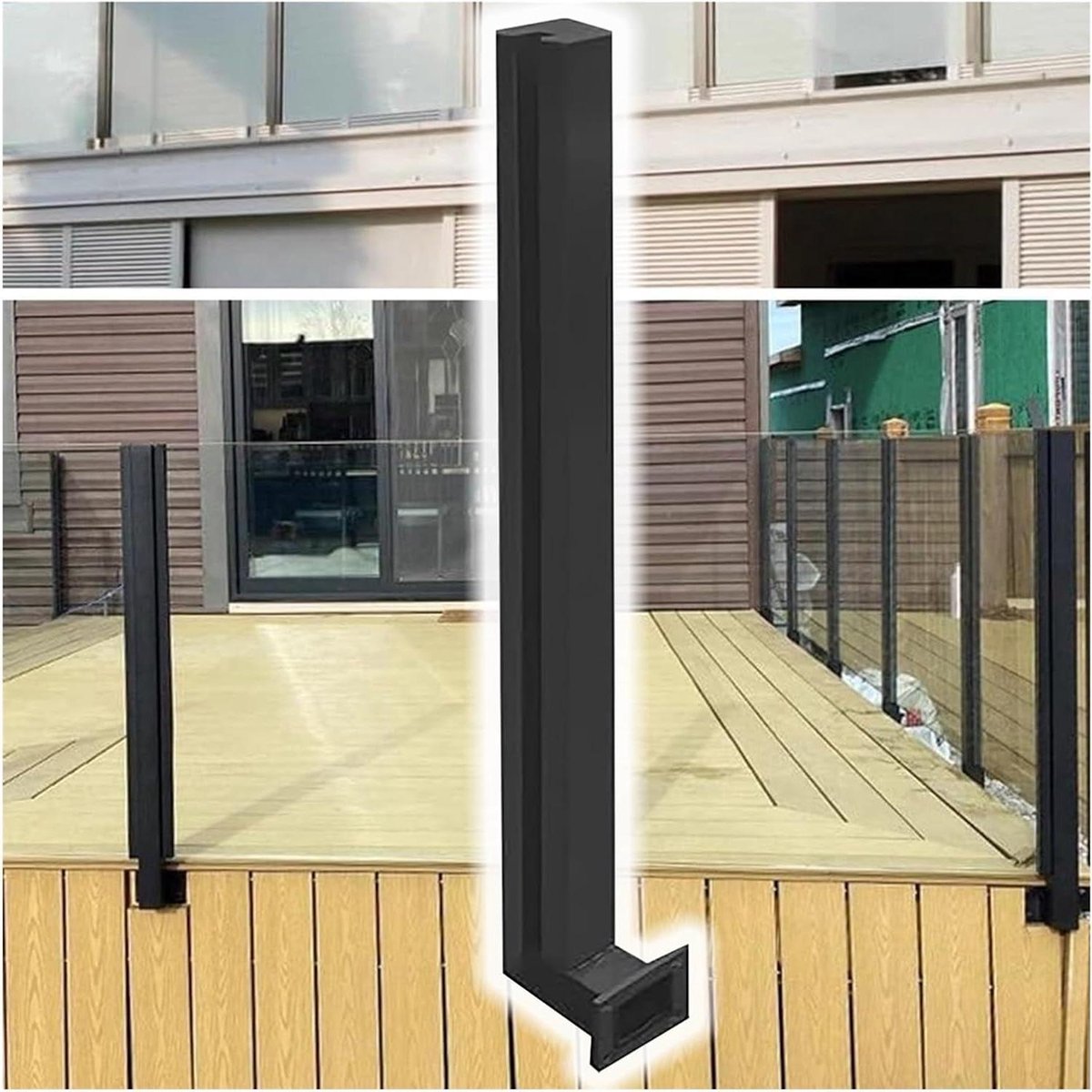Glazen Balustrade - Glazen Hek Terrashek - Buitenruimte Afzetten - Zonder Boren Bevestigen - 80 cm Hoog - Zwart