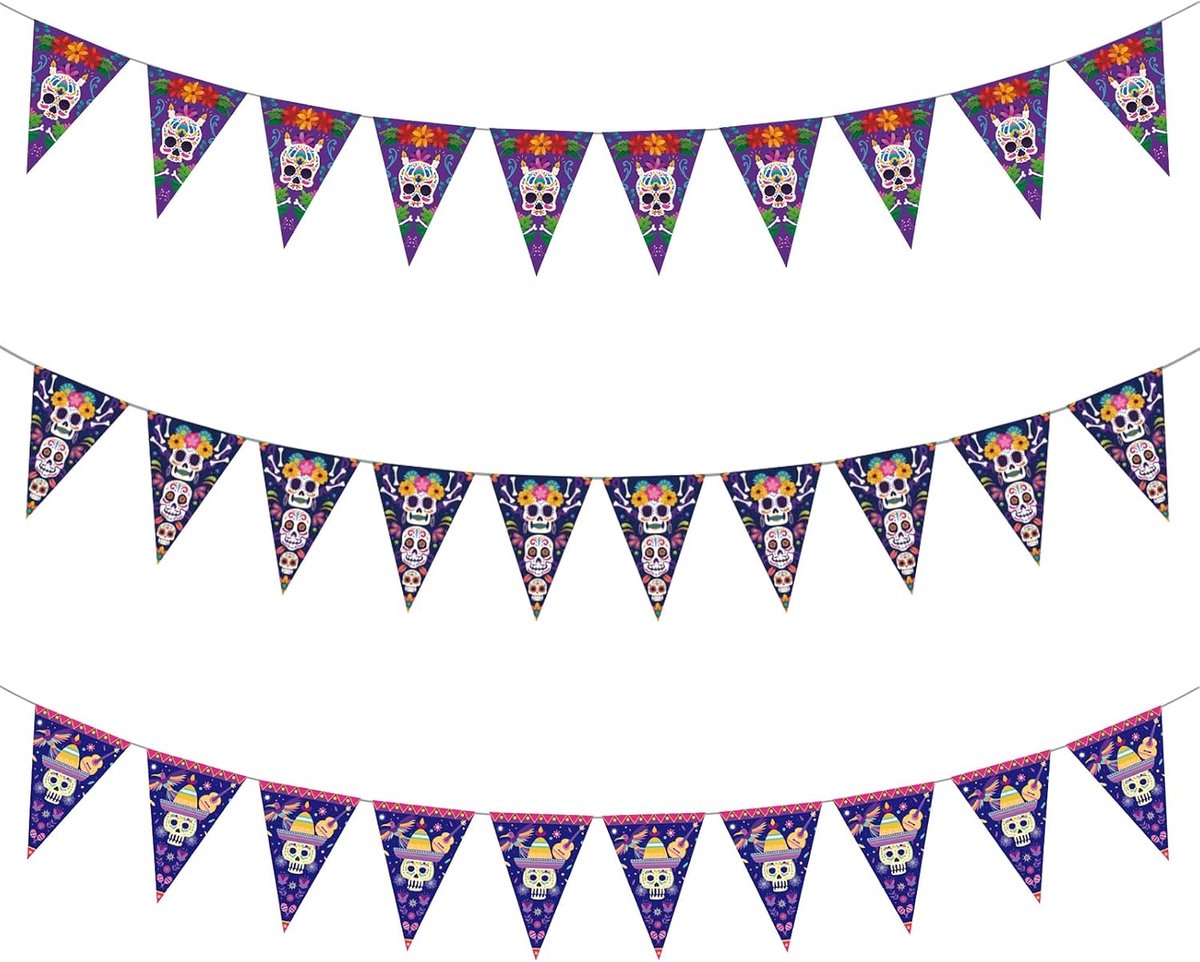 Day of the Dead Decorations, Day of the Dead Pennant Banners 3 Pack, Purple Black Sugar Skull Triangle Banner Flags - ShopVlot