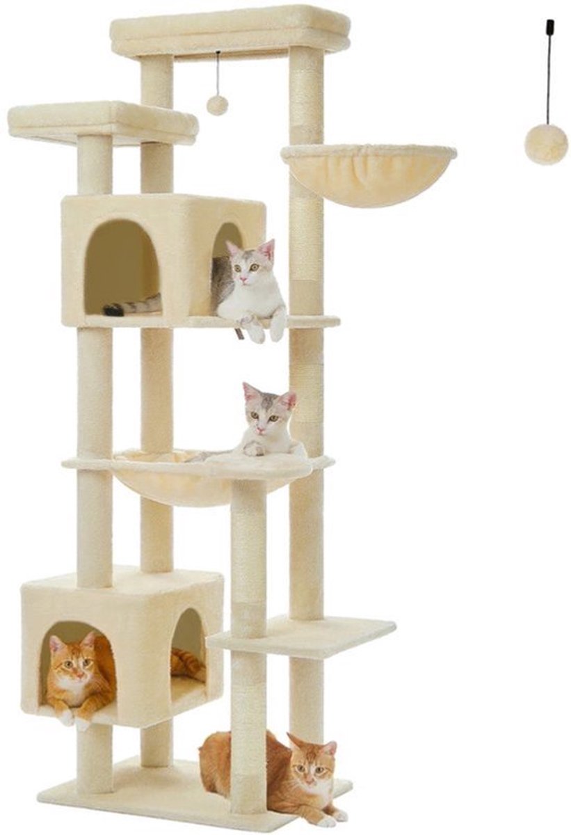 Kattenboom - Krabpaal - Katten Klimmuur - Sisal Krabpalen - Arbre a Chat - Hangmat - Kattenhuisje - 54x44x175cm - Beige