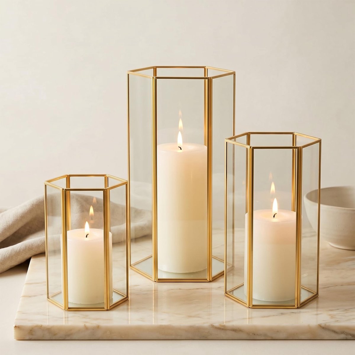 Omgoods - Set van 3 Glas Hurrikan Kaarsenhouders met Gouden Metalen Frame
