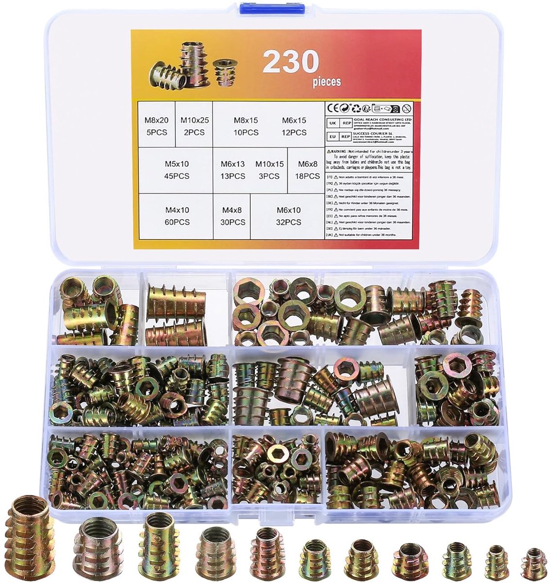 SnelShoppen - Pack van 230 Schroefdraad Inserts voor Hout en Metaal M4 M5 M6 M8 M10 Schroefmoeren Metaal Schroefdraad Inserts Insteekmoer, Hexagon Soc