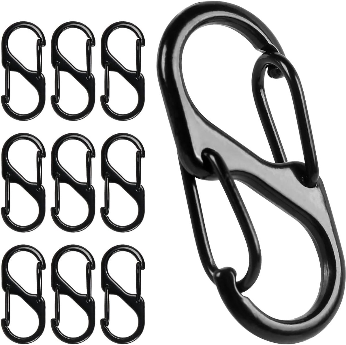 SnelShoppen - Pack van 10 S-vormige Carabiner Haken, Mini Carabiners van Metaal, Dubbele Carabiners, 8 Vormen, 2 Openingen, 31 mm, Kleine Carabiners v