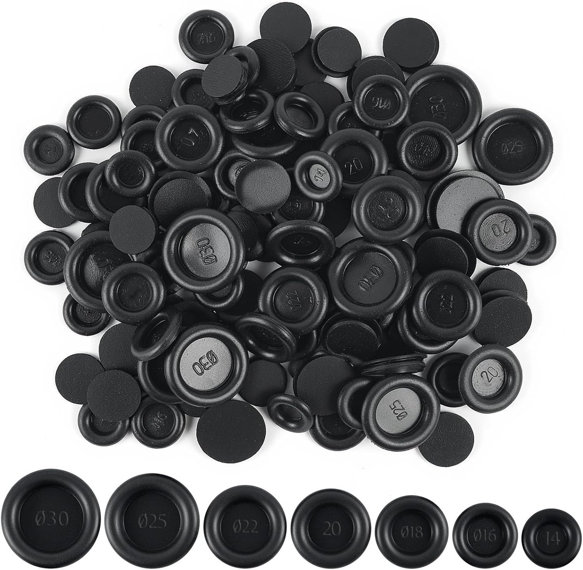 SnelShoppen - 200 Stuks Rubber Kabeldoorvoeren Set, 7 Maten Waterdichte Rubber Stoppen, Zwarte Rubber Pluggen voor Bescherming van Draden en Kabels