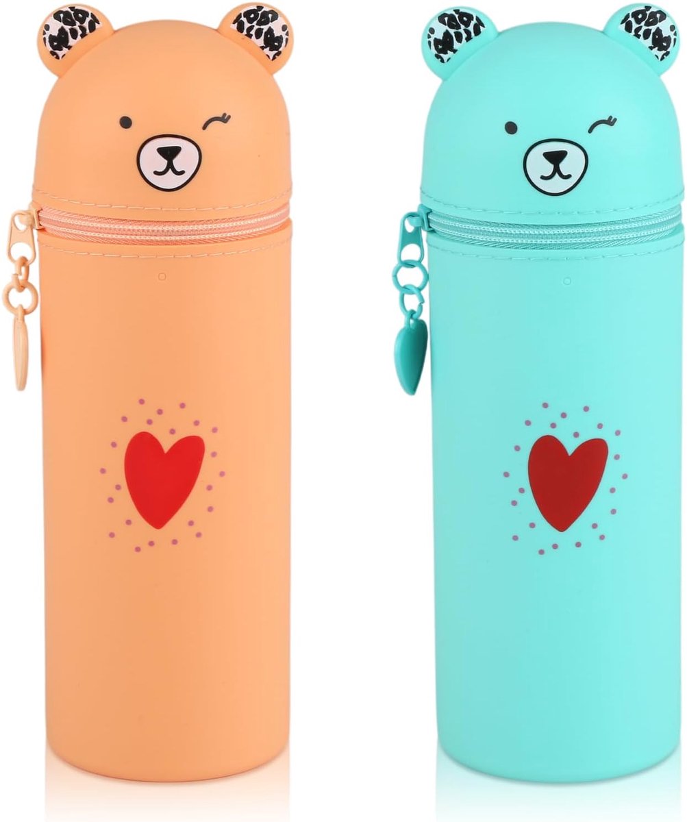 SnelShoppen - 2-in-1 Silicone Pennenzak Set van 2, Schattige Bear Case in Groen en Oranje, Hoge Capaciteit 19.5x6.3 CM voor Studenten, Tieners en Volw