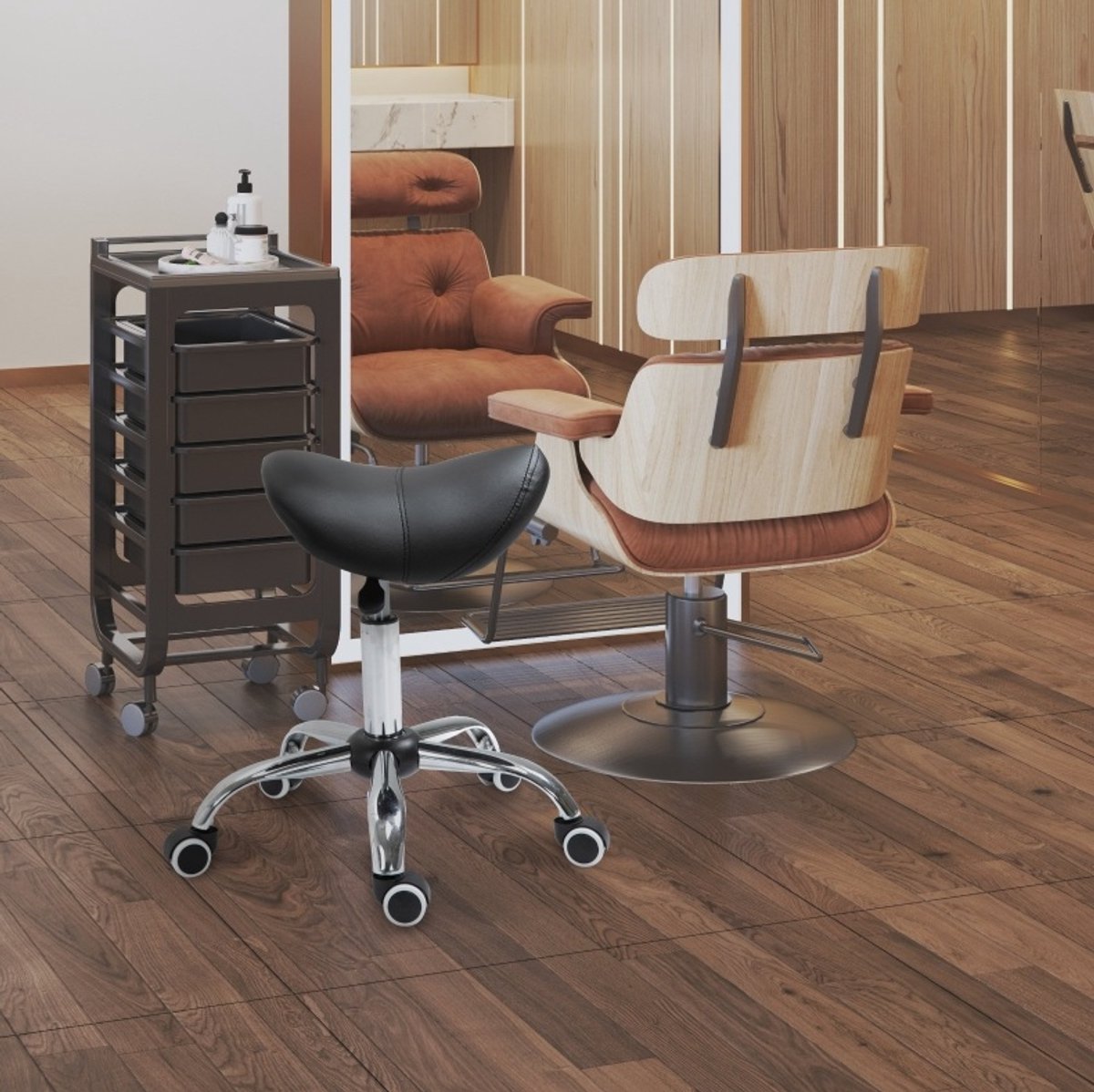 REDOM - Bureaukruk - Hoogteverstelbaar 49-61 cm - Draaibaar met 5 wielen - Ergonomische zadelzitting - Kantoor en salon - Kunstleer - Zwart - 53 x 52 x 61 cm
