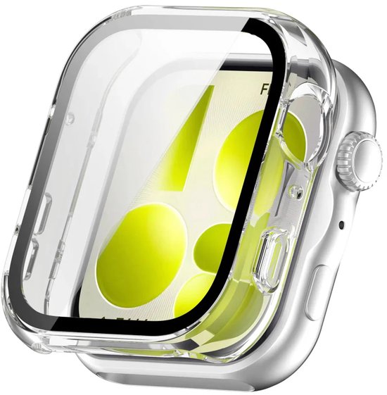Transparante smartwatch hoes met heldere wijzerplaat, zilverkleurige smartwatch eronder.