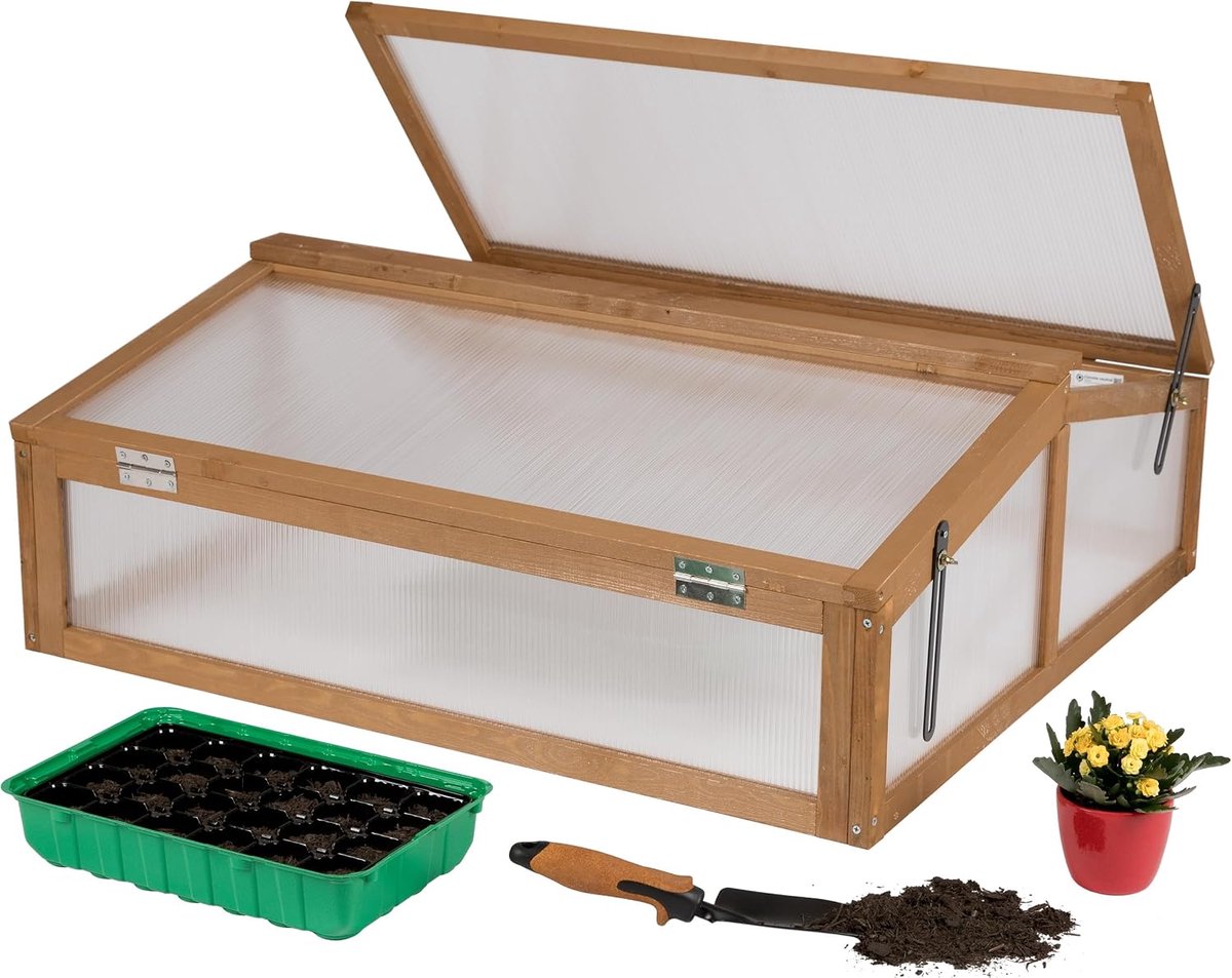 needs&wants® Koude Broeikas - Kleine Houten Kit, Koude Kas Bloembak met Deksel - Serre met Deksel - Weerbestendig voor Tuin Balkon Buiten, 90x82x32 cm, Polycarbonaat, Bruin
