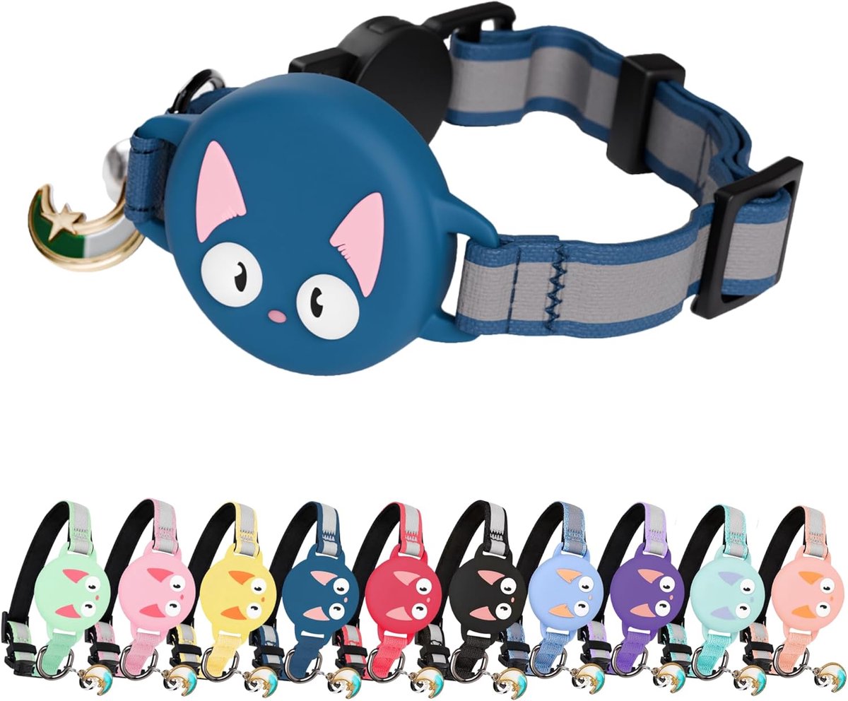afneembare Air Tag-halsband voor Apple AirTag, reflecterend, lichtgevend, waterdichte GPS-tracker voor katten en kittens, verstelbaar, inclusief belletje, blauw (23-30 cm)