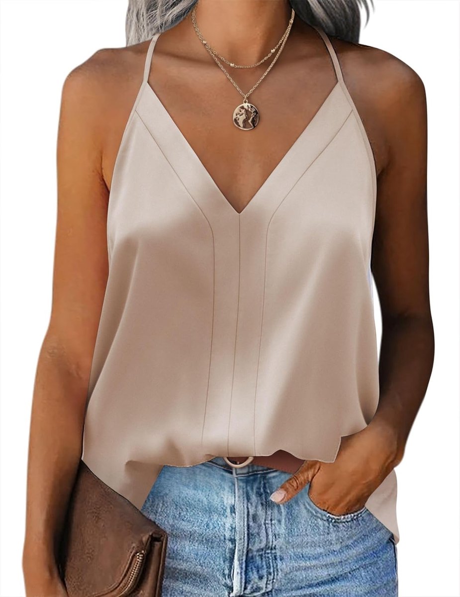 Satijnen camisole tanktop voor dames, basic top met spaghettibandjes, verstelbare spaghettibandjes, V-hals