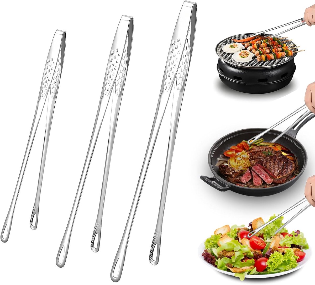 3 stuks kooktang, keukentang van roestvrij staal, grilltang van roestvrij staal voor grillen, professionele keukentang, gebaktang, tang keuken, grilltang voor koks, BBQ, desserts en salades