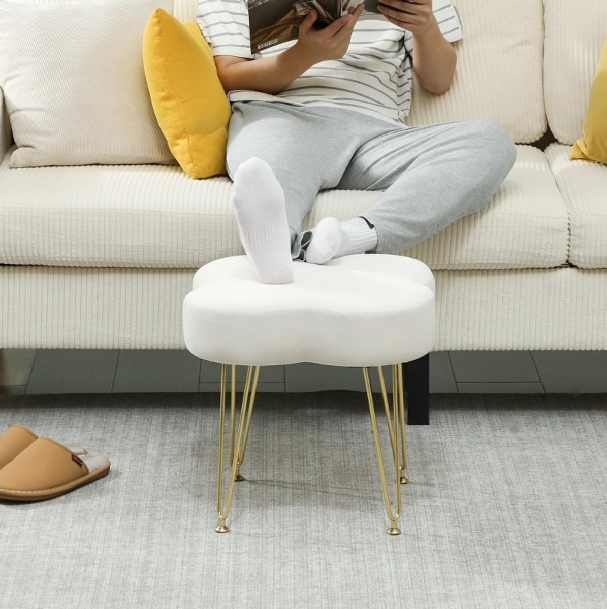 COVREO Hocker 41 x 41 x 40 cm, cream white, stof en staal, extra zitplek
