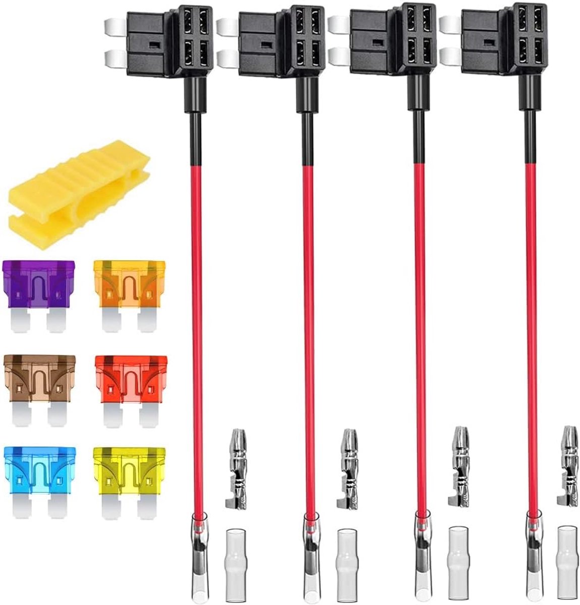 4pcs 12V 24V Standaard ATC Add-a-circuit Zekering, ATC Medium Piggy Back Blade Zekeringhouder met Kabelboom, 6pcs Standaard Zekering (3A 5A 7,5A 10A 15A 20A) en Zekeringtrekker