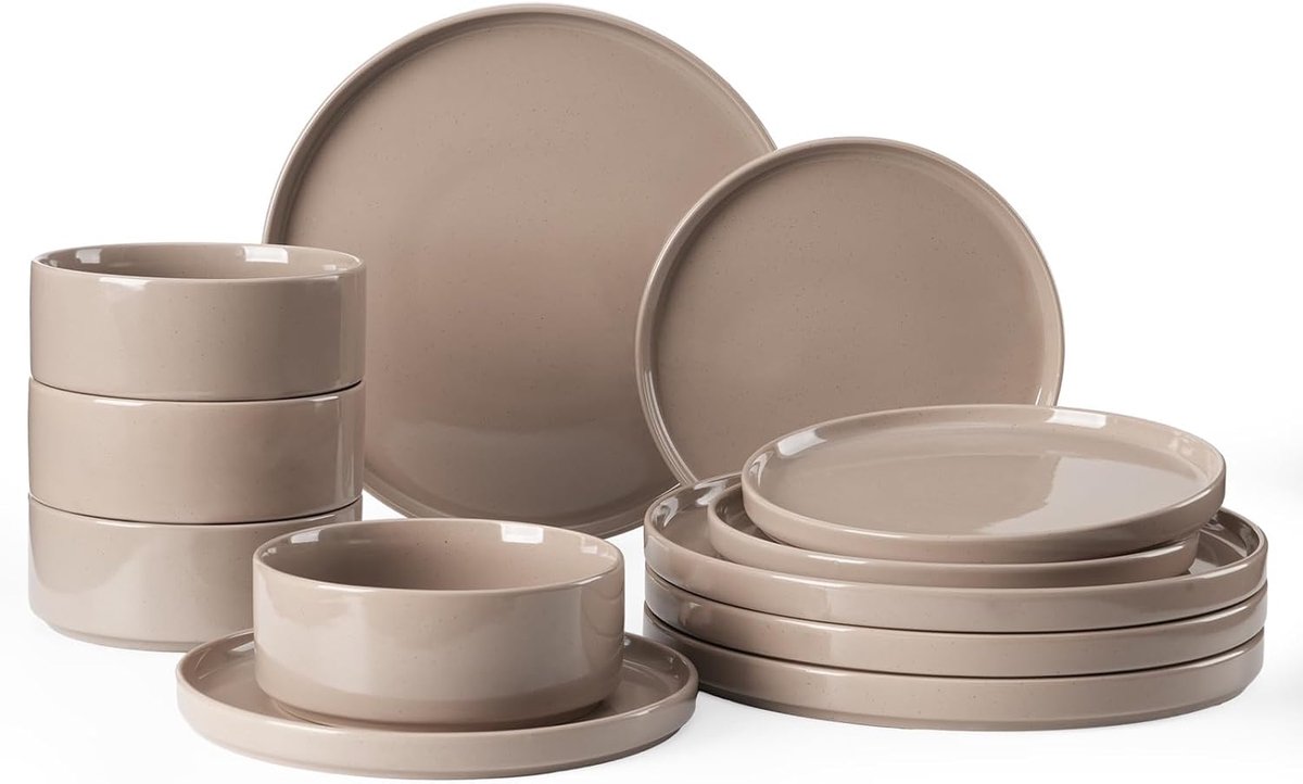 Dinersets voor 4, borden en kommen, kaneelbruin | Servies, set van borden en kommen, gestippeld servies, geschikt voor de magnetron en vaatwasser
