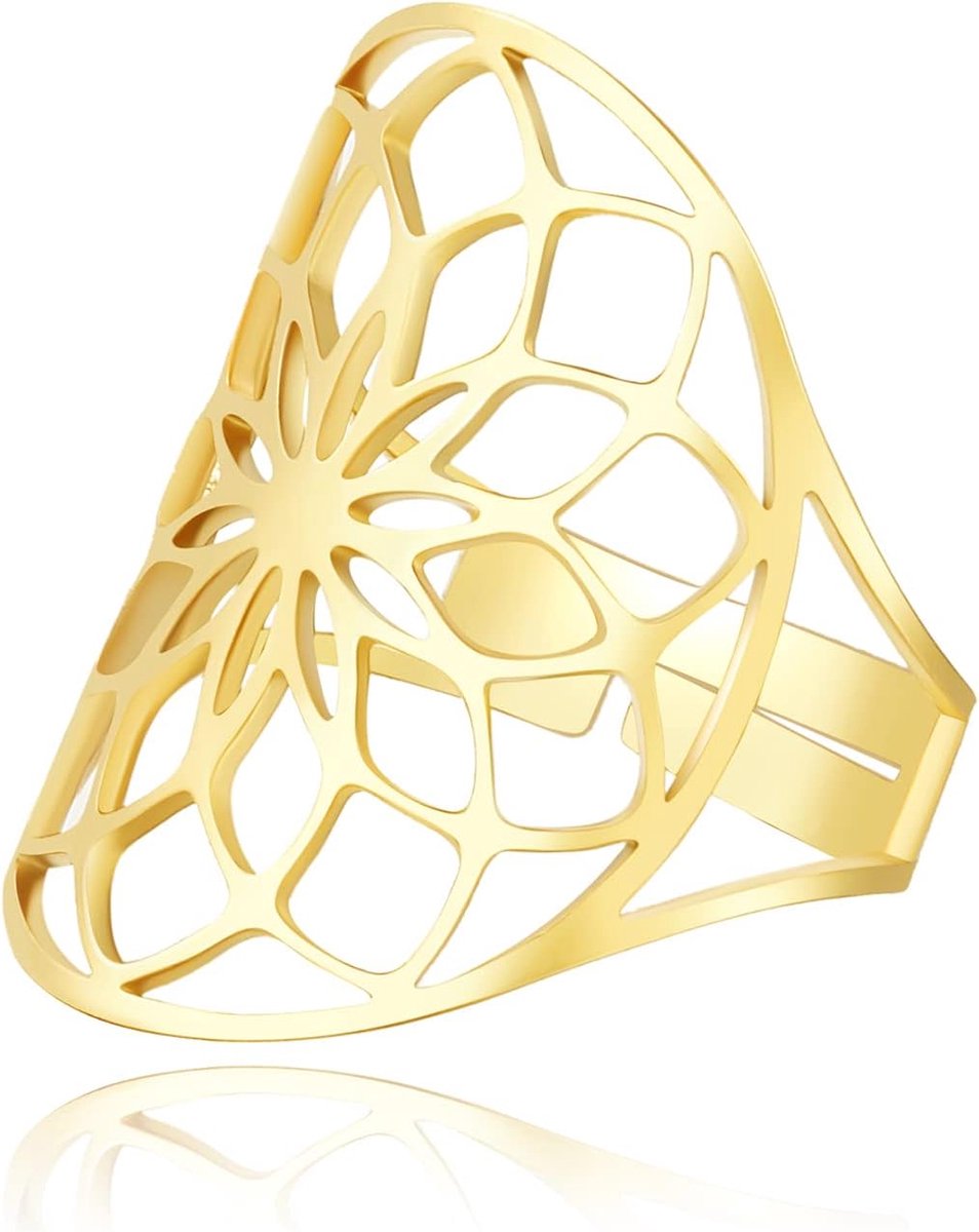 Damesring met motief "Metatron", voor meisjes, roestvrij staal, heilig, aartsengelring, hol, bloem van het leven, sieraden, cadeau, Metaal