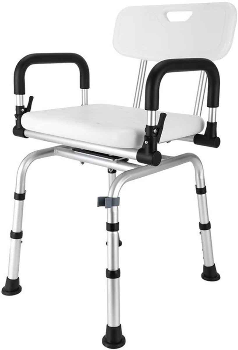 Douchekruk – Douchestoel – Douchestoeltje – Badkamerkruk – Zitting met Armleuningen – Aluminiumlegering – 360° Draaibaar – Verstelbare Hoogte 40-48 cm – Max. Draagkracht 180 kg
