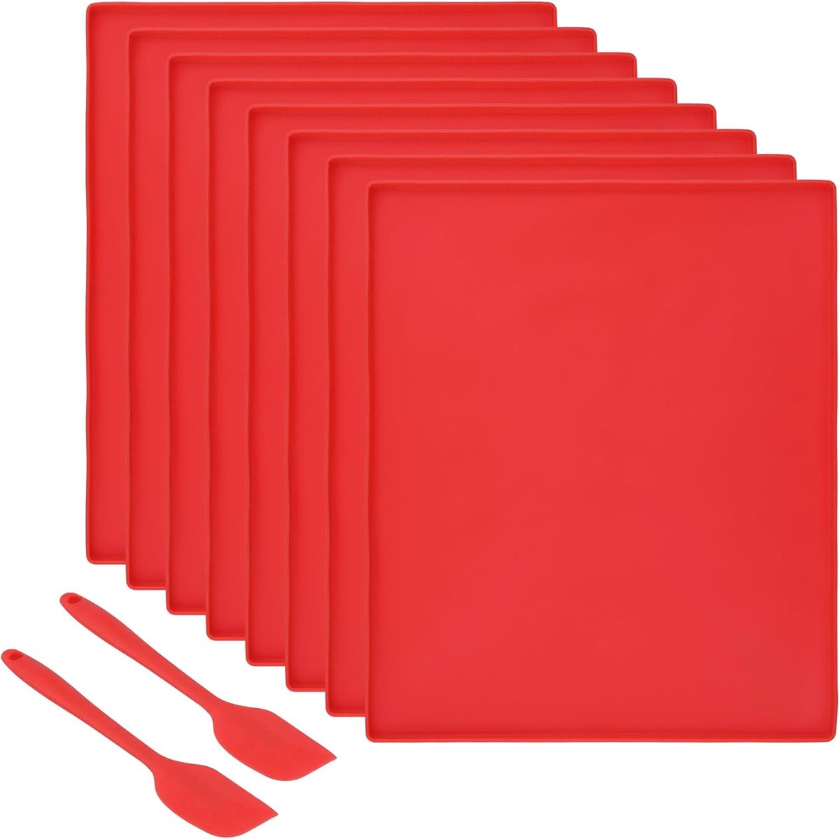 8 stuks siliconen bakmat, 26 x 31 x 0,9 cm, rood, herbruikbaar, met rand, siliconen bakmat voor bakplaat, siliconen dehydrator, bladeren met 2 deegschrapers, voor bakken, koken, bakplaat