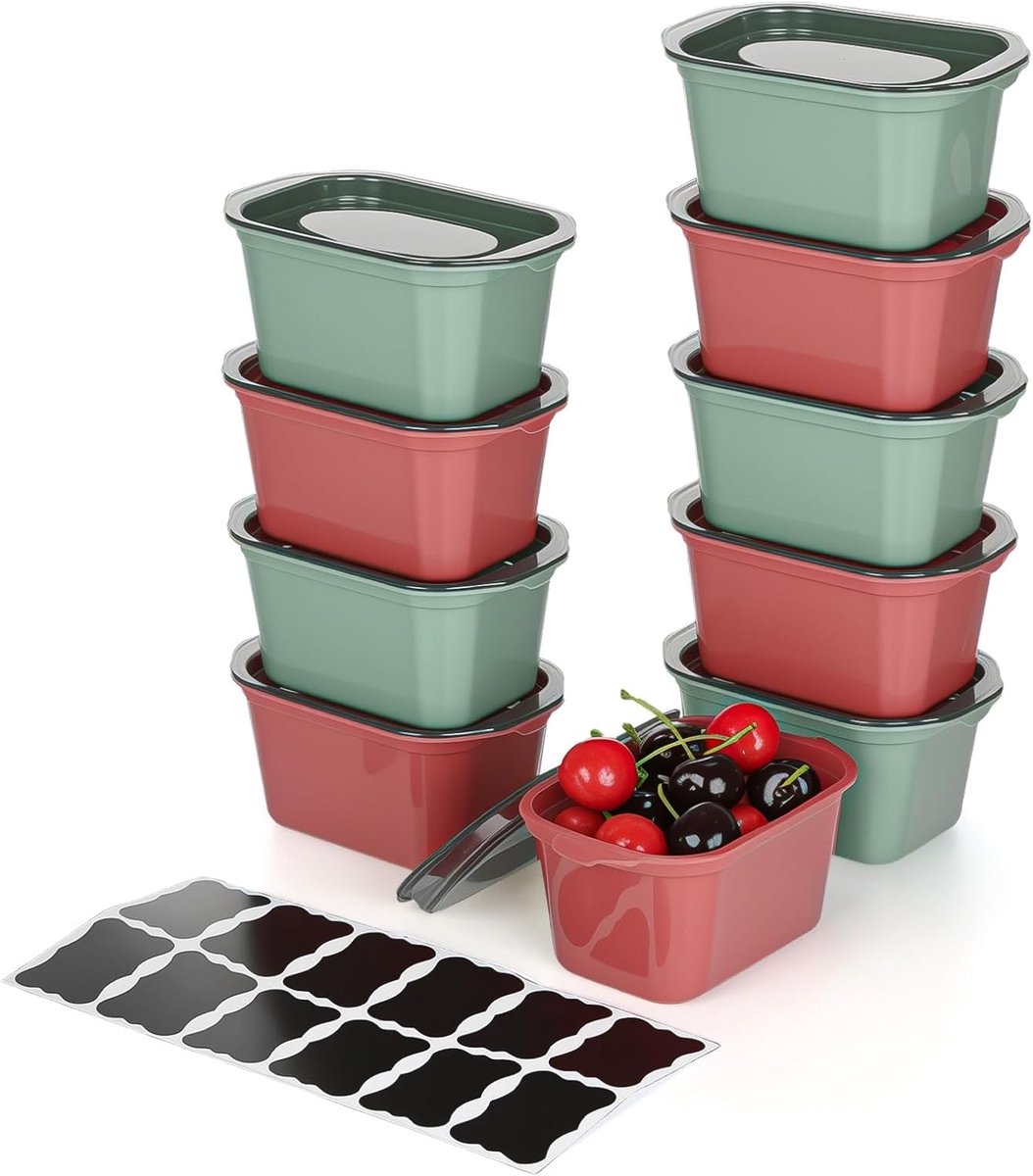 Luchtdichte voedselcontainers, 10 kunststof dozen met deksel, broodtrommel met deksel, Sans BPA, magnetron- en vaatwasmachinebestendig, 350 ml (5 groen, 5 rood)