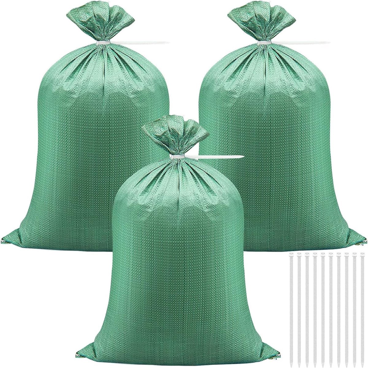 20 Stuks Zware Zandzak, 50 x 80 cm Geweven Rubbelzakken Bouwvakkerszakken Afvalzakken met Banden, Kieszakken voor Tuinafval Overstromingsbescherming Afvalopslag Industriële Zakken (Groen)