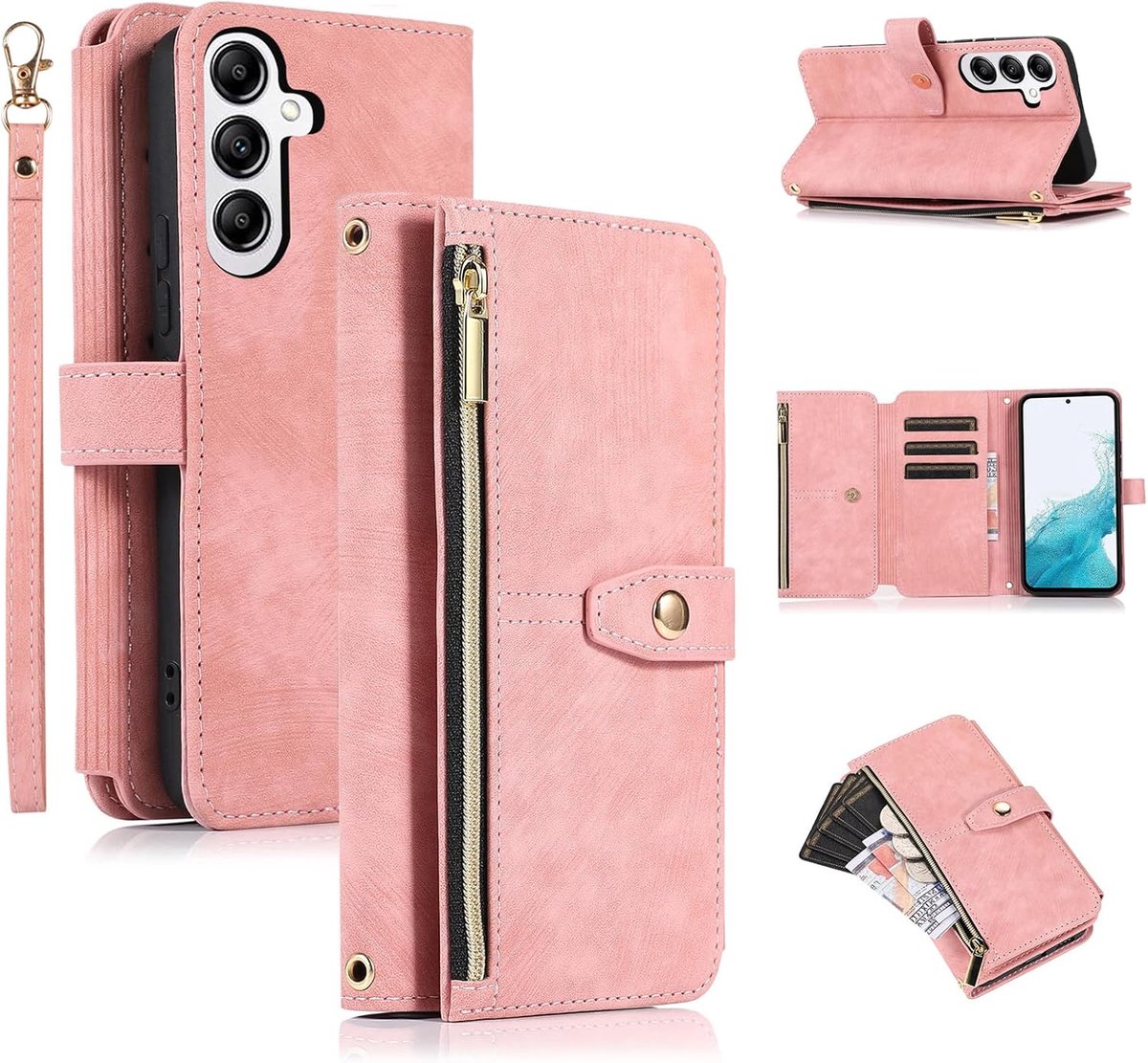 portemonneehoes voor Samsung Galaxy A56 5G, retro lederen portemonnee met 9 kaartsleuven, schokbestendige flip cover met handriem, kaartsleuf, ritsvak, kickstand, handtas, magnetische sluiting