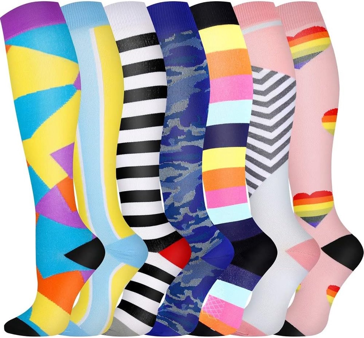 Sokken, (7 Paar) voor Mannen en Vrouwen 15-20 mmHg zijn het Beste voor Atletiek, Hardlopen, Vliegreizen, Ondersteuning (L/XL, Mix Colour -15)