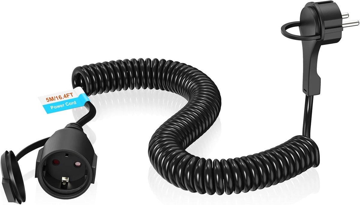SnelShoppen - Verlengkabel 5 m Spiral Kabel, Aardlekschakelaar, 3 x 1.0 mm², Extra Platte Schuko Stekker, Zwart, Geschikt voor Binnen en Buiten, Tuin,
