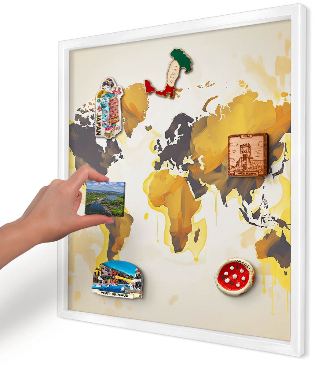 Artprintcave Geel Magneetbord mit Witte Lijst - 50x50 cm - Wereldkaart Wandbord Magnetisch - Abstract Magnetische Organizer - Kaarten
