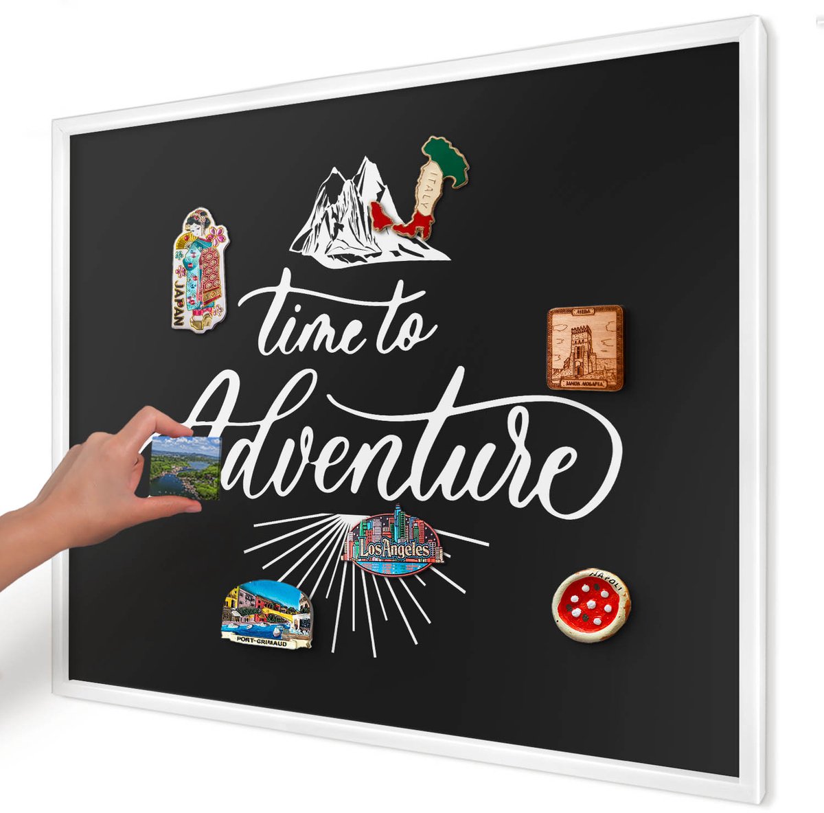 Artprintcave Zwart Magneetbord mit Witte Lijst - 80x60 cm - Avontuurlijke Tijd Wandbord Magnetisch - Typografisch Notitiebord - Teksten