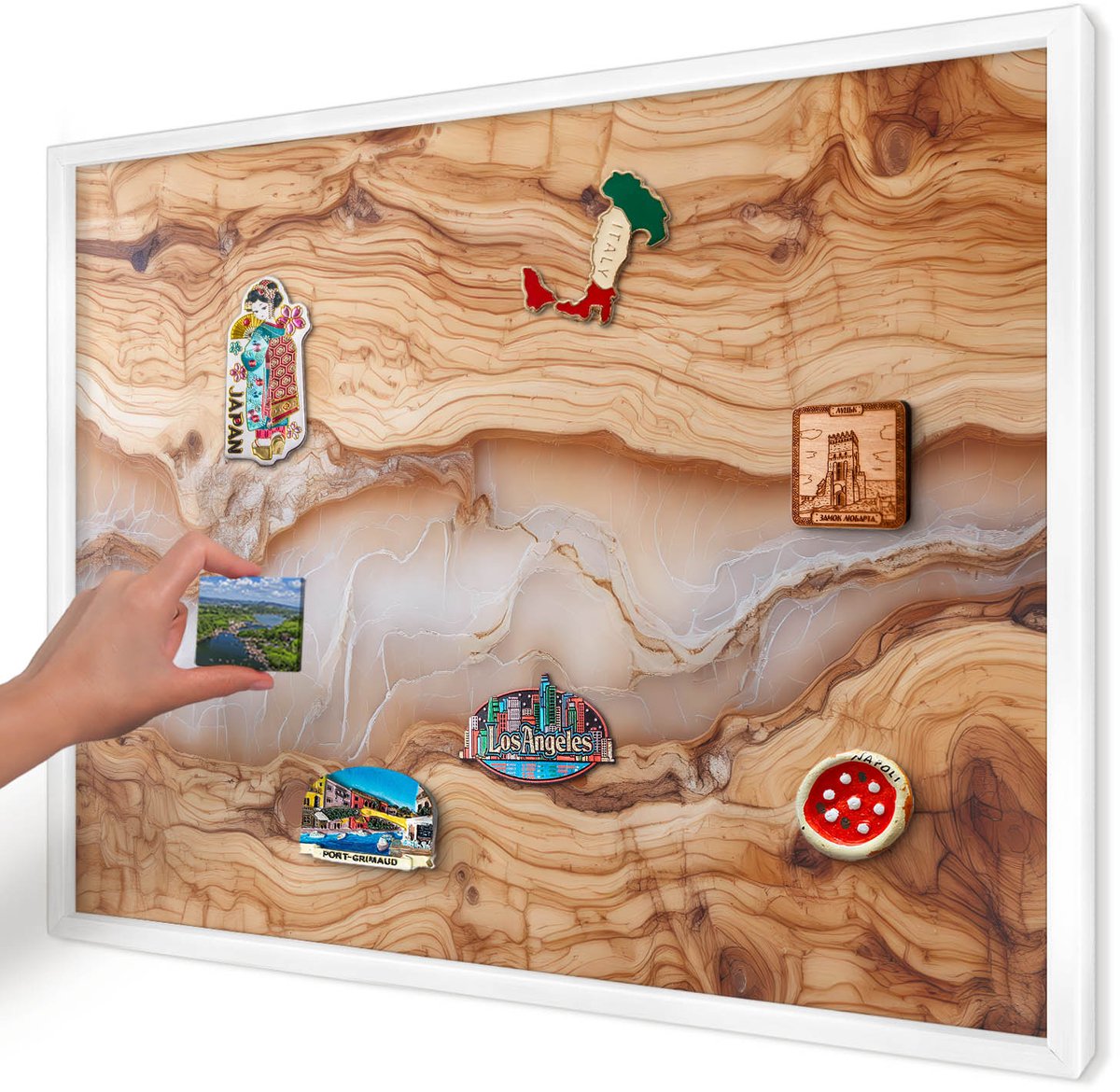 Artprintcave Bruin Magneetbord mit Witte Lijst - 70x50 cm - Houten Elegantie Bord Voor Magneten - Rustiek Magneetbord Voor Foto's - Texturen