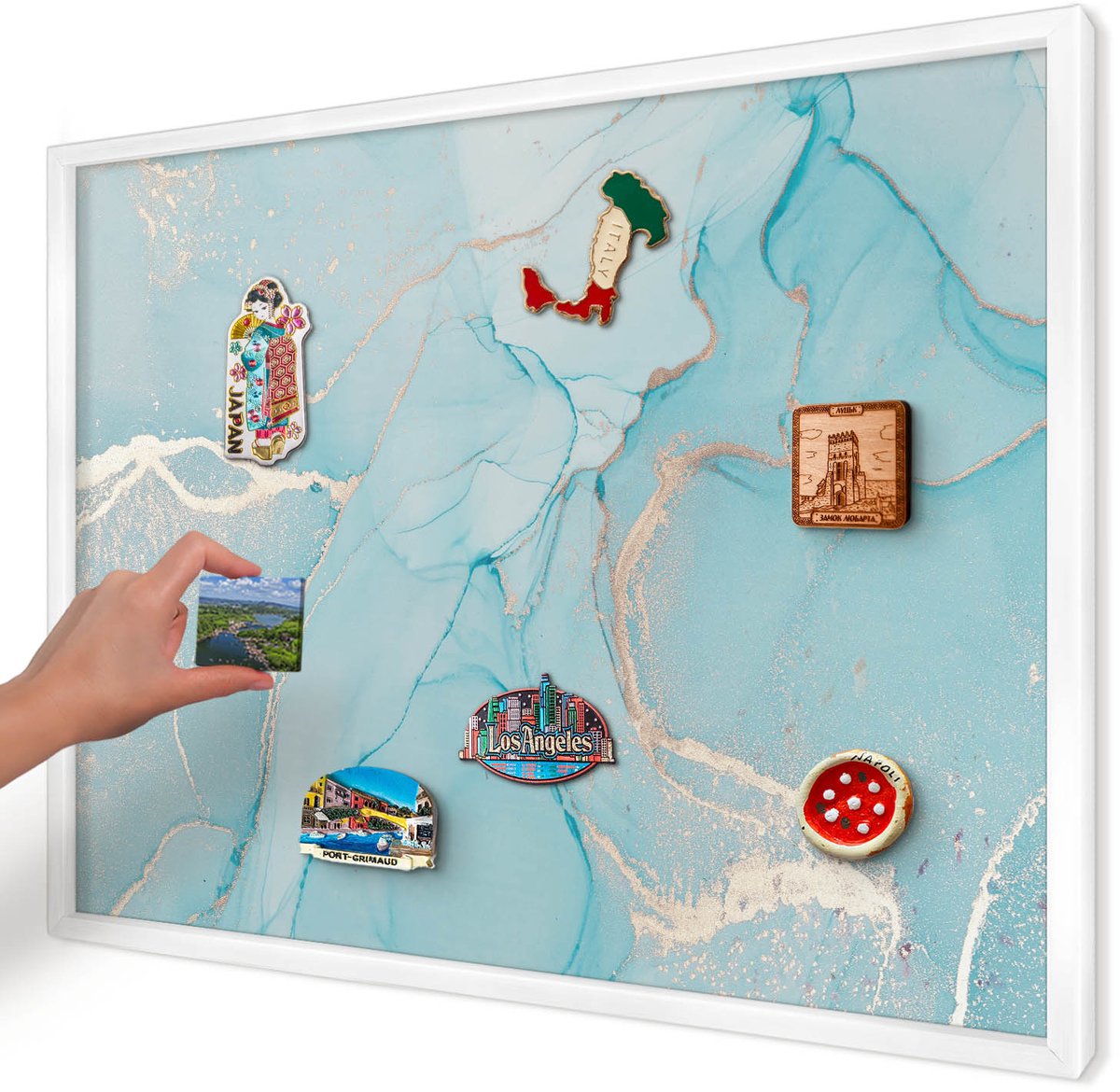 Artprintcave Turkoois Magneetbord mit Witte Lijst - 70x50 cm - Turquoise Elegantie Magnetisch Bord - Abstract Magnetisch Bord Voor Magneten - Abstractie