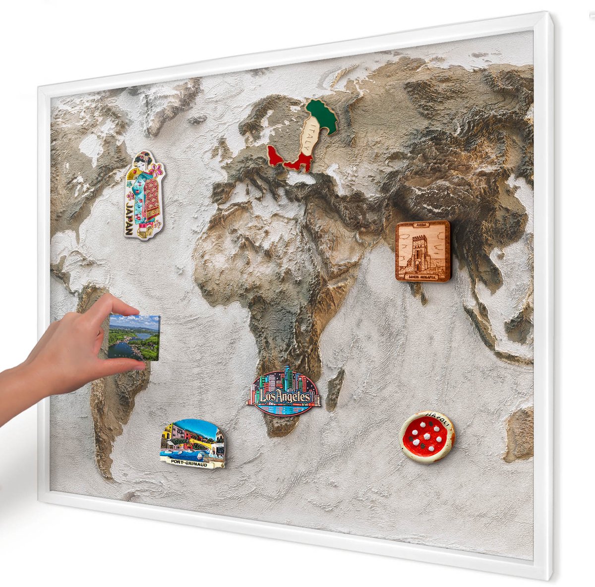Artprintcave Beige Magneetbord mit Witte Lijst - 80x60 cm - Reliëfkaart Magneetbord Voor Foto's - Realistisch Memobord Keuken - Kaarten