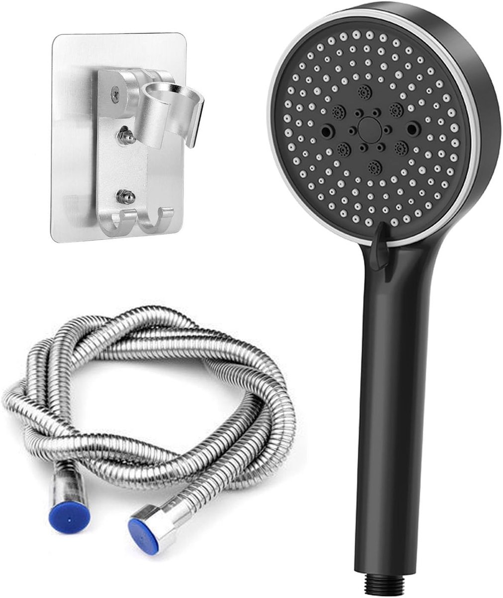 SnelShoppen - Douchekop met Slang 2 m, Hoge Druk Handdouche, 5 Stralen, Waterbesparende Douchekop, Rond 120mm, Zwart Gelakt voor Bad en Douche