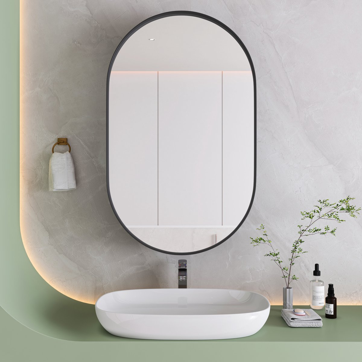 DESMIU Spiegelkast - Ovale Spiegelkast Met Verstelbare Planken - Voor Badkamer Woonkamer En Slaapkamer - Zwart Metaal - 51,5x7,8x85 Cm