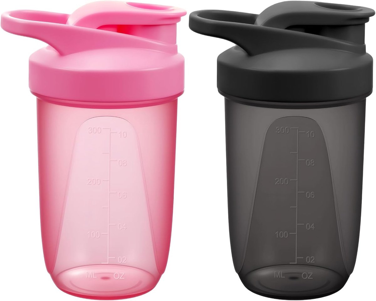 SnelShoppen - 2 Pack Protein Shaker 400ml, Fitness Shaker met 2 RVS Mixballen, BPA Vrij, Lekvrij, Ideaal voor Eiwitshakes, Sportdrank, Zwart + Roze