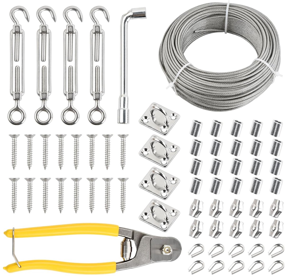 SnelShoppen - 50 m Roestvrij Stalen Draad, 3 mm, 67-delige Set Waslijnen voor Buiten, 7x7 PVC-gecoat, Inclusief 4 Spanners, 20 Aluminium Hulzen, 4 Hak