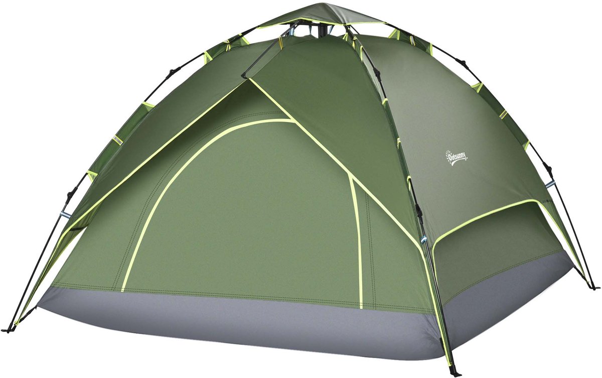 Koepeltent 210x210x140 cm groen lichtgewicht en stabiel met extra kap waterdicht en UV-bestendig ontwerp stevige en flexibele glasvezelstokken twee ingangen inclusief grondzeil en opbergtas geschikt voor kamperen en wandelreizen