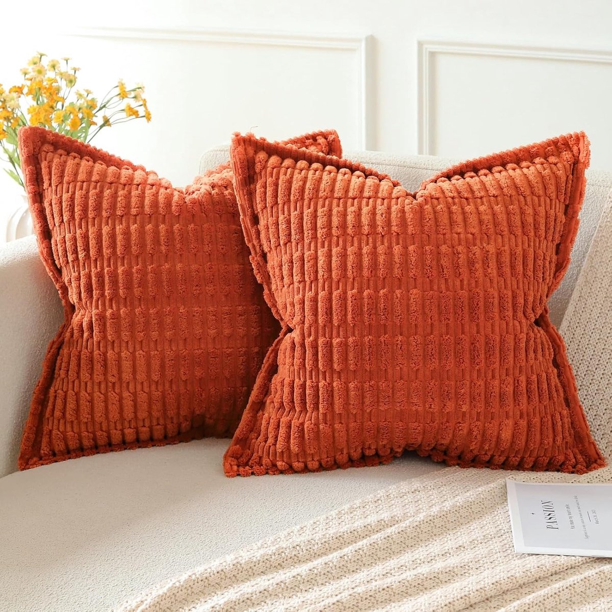 Set van 2 Corduroy Decoratieve Kussenhoezen 40x40cm, Zachte Boho Gestreepte Kussens met Stikrand, Modern Landhuis Interieur voor Bank en Slaapkamer in Oranje