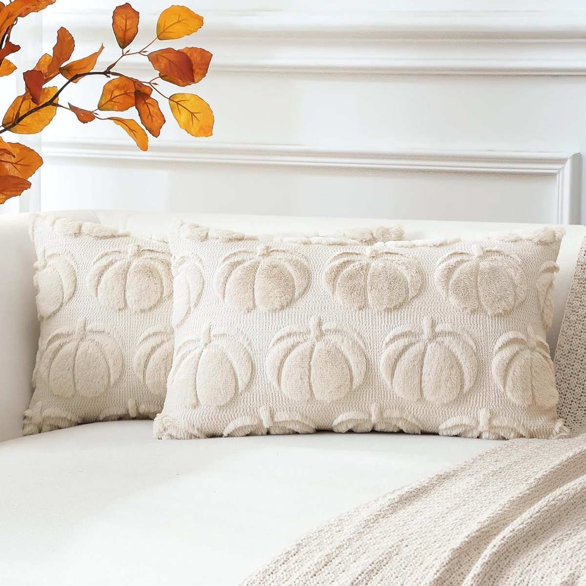 Set van 2 Halloween Kussenhoezen van Zacht Pluche en Korte Wol voor Luxe Decoratie in de Herfst voor Sofa en Slaapkamer - Pompoen 40 x 60 cm