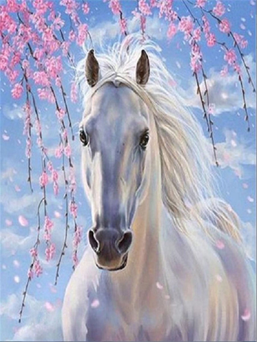 Omgoods - 5D Diamant Schilderen Kit - Prunusboom met Witte Paard