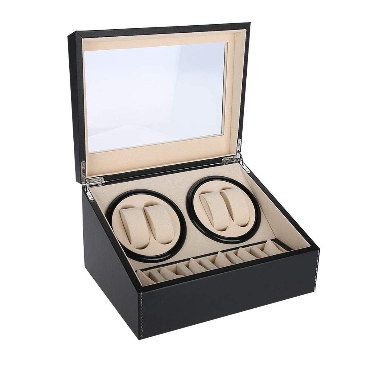 Omgoods- Horlogeopwinder Stille Motor - 4 Horloges Opwinden - 6 Horloges Opslag - Duurzaam PU Leer - Meervoudige Omwenteling - Capaciteit 10 Horloges - Horlogeopslag