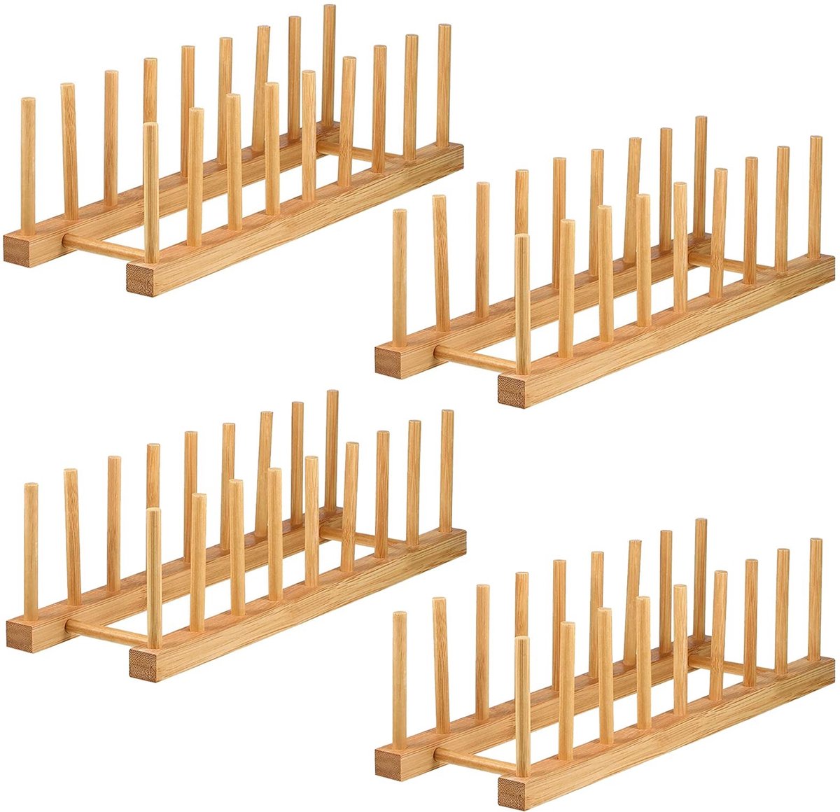 Omgoods- Afdruiprek Bamboe - Set van 4 - 34 x 12 x 10,5 cm - Keukenkast Organizer - Vaatrek met 8 Sleuven - Eenvoudig te Installeren