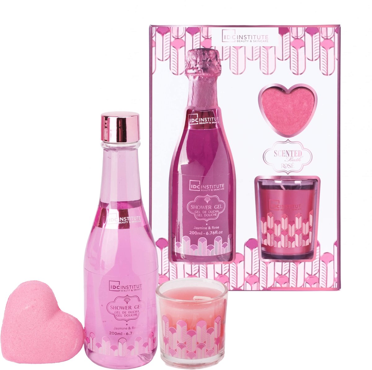 IDC Institute Rosé – cadeauset voor bad/badkamer – kaars met geur van jasmijn en roos, geschenkset