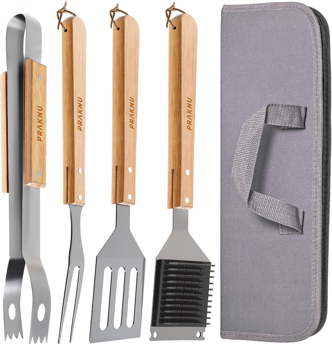 Thijox - Houten Barbecuebestek met Draagtas - Hittebestendig en Roestvrij - Perfect voor Tuin, Camping, Feest en BBQ - 4 Delig Set