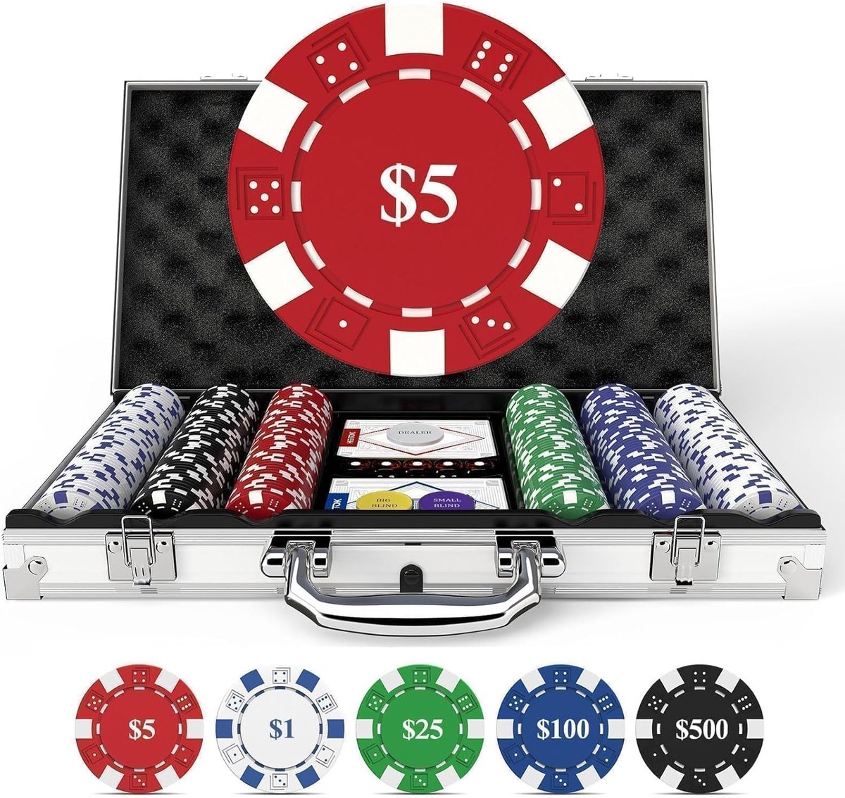 Thijox - Pokerset 500 Genummerde Fiches 11.5g in Aluminium Koffer - Complete Texas Hold'em Kit met Speelkaarten, Dobbelstenen en Dealer Button voor 2-