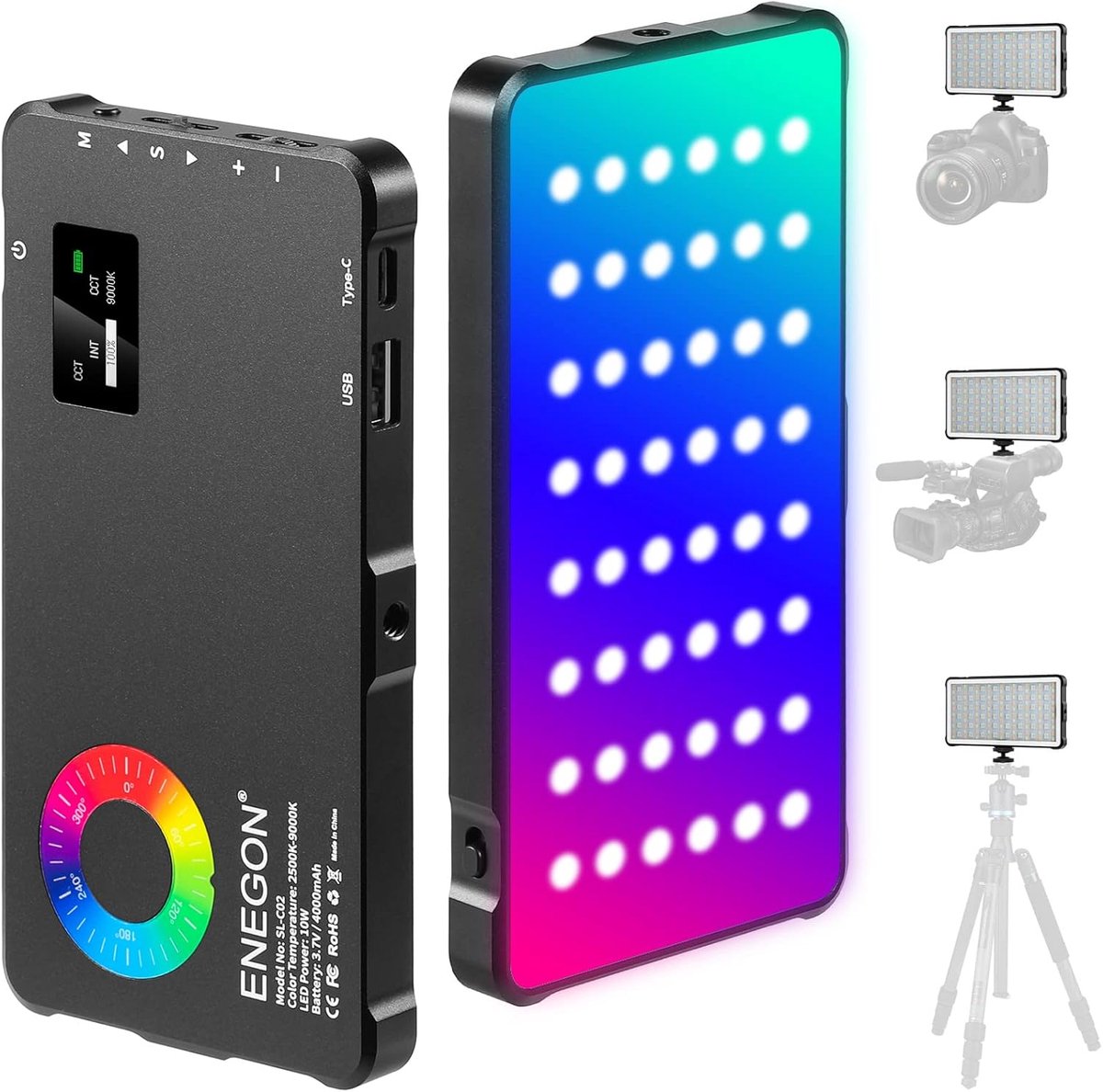 Thijox - ENEGON RGB Video Light met 4000 mAh Oplaadbare Batterij, LED Camera Licht met 24 Lichteffecten en CRI≥95, 2500-9000 K voor Fotografie, Filmen