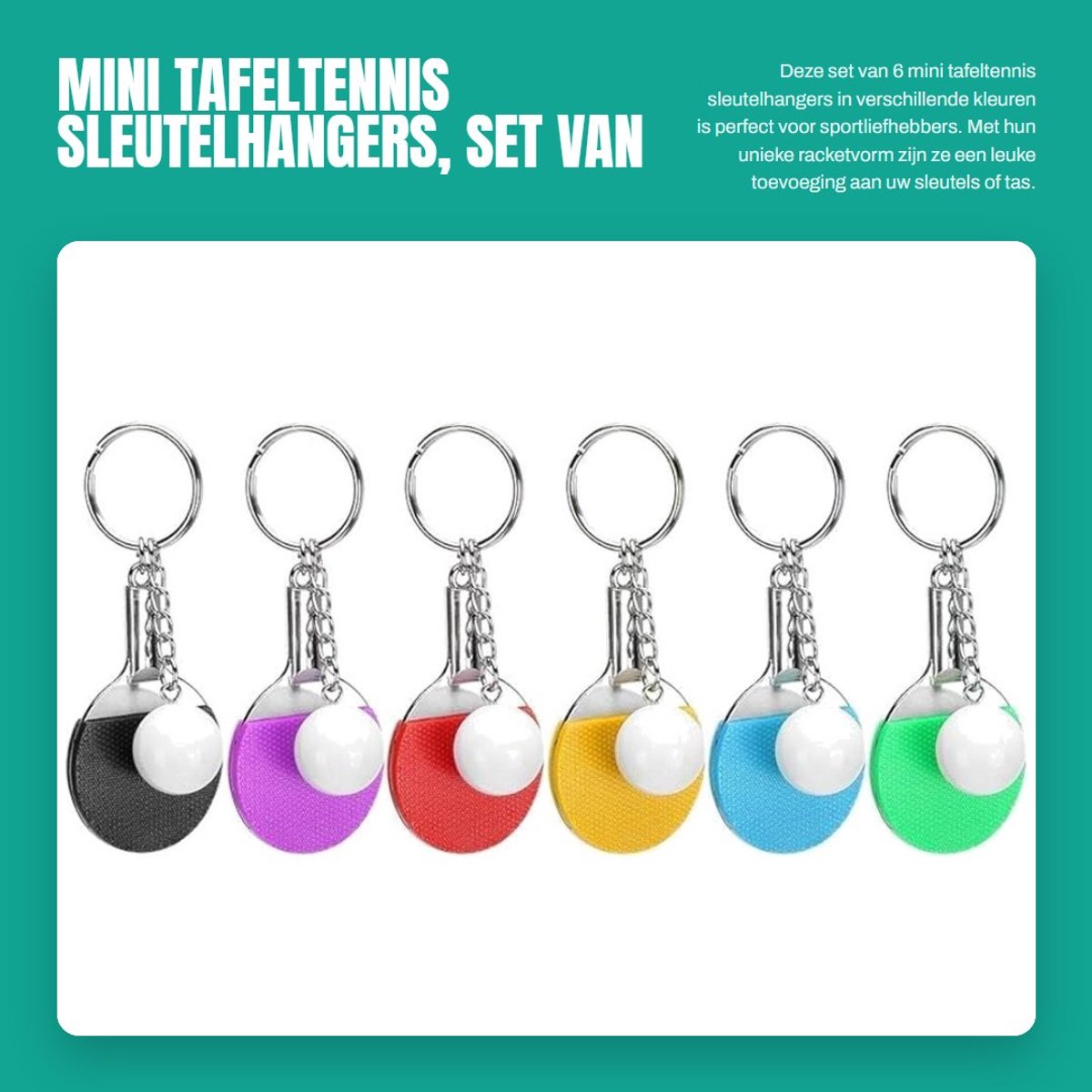 Dailygoods- Tafeltennis Sleutelhanger 6 Stuks - Mini Pong Sleutelhanger - Sport Sleutelhanger - Sleutelhanger Racket - Sleutelhanger voor Rugzak - Metaal/Rubber