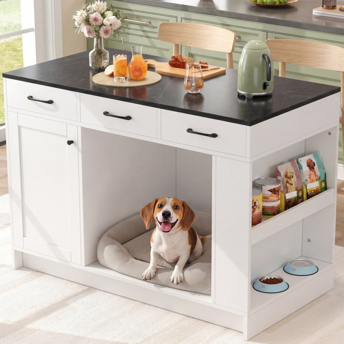 DESMIU Keukenkast - Keukeneiland Met 3 Lades En Kruidenrek - Verstelbare Plank En Huisdierzone Voor Keuken En Eethoek - Wit - 120x60x90 Cm