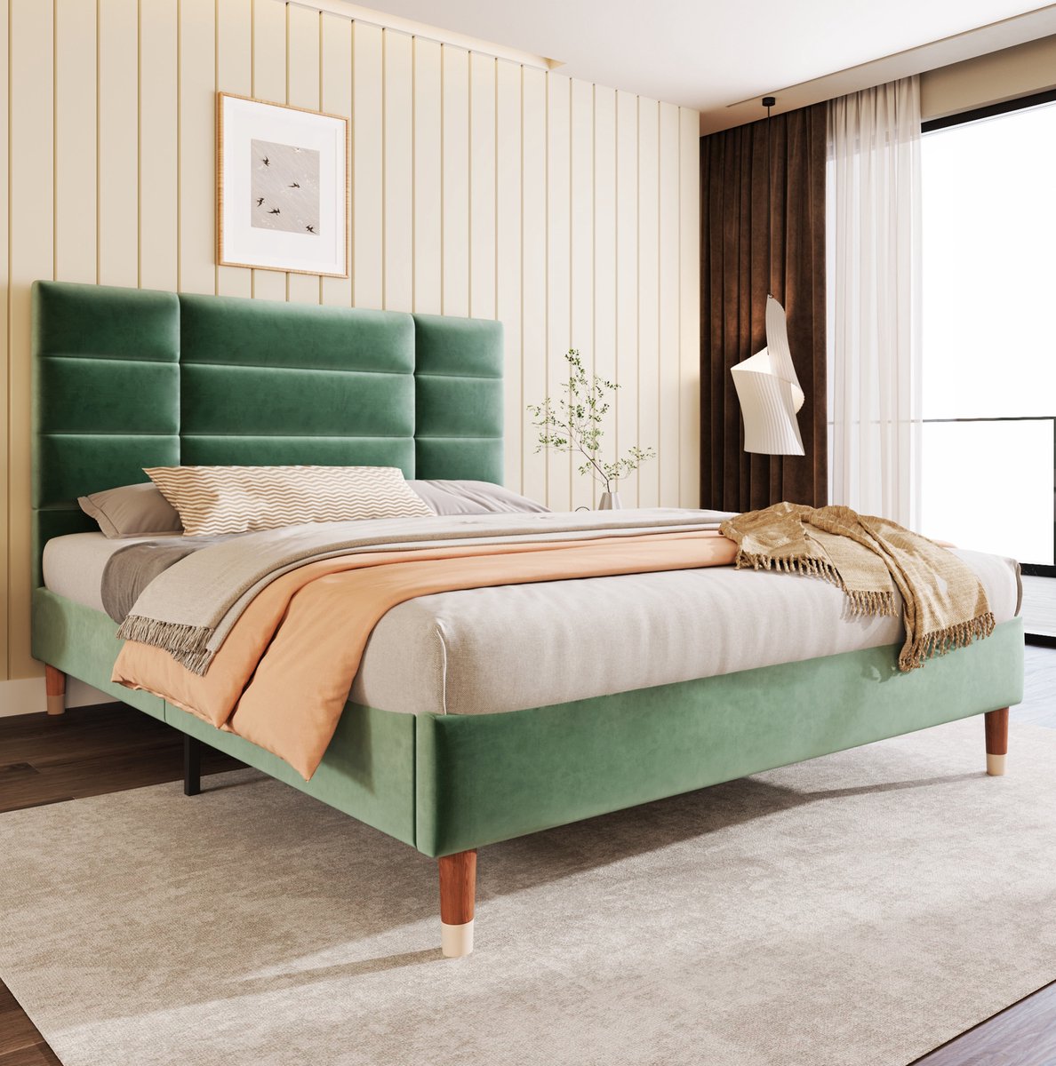 MEUNIQ Gestoffeerd tweepersoons bed 140x200 cm met lattenbodem, hoofdbord en ruimte onder het bed, fluwelen bedframe voor slaapkamer, groen